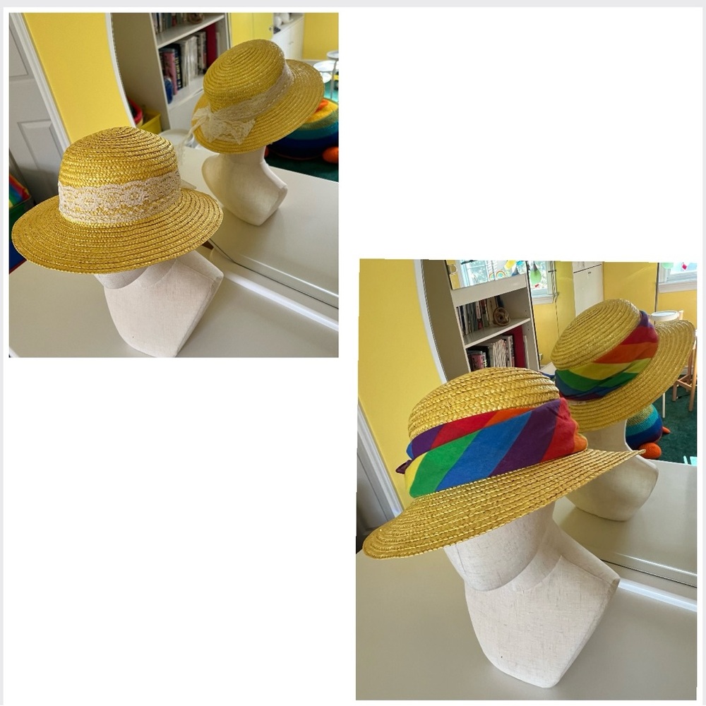 1980s Yellow Straw Hat, Round Crown, Incl. White Lace Ribbon & Rainbow Bandana - Picture 16 of 16